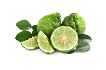 Fresh ripe bergamot fruits and green leaves on white background