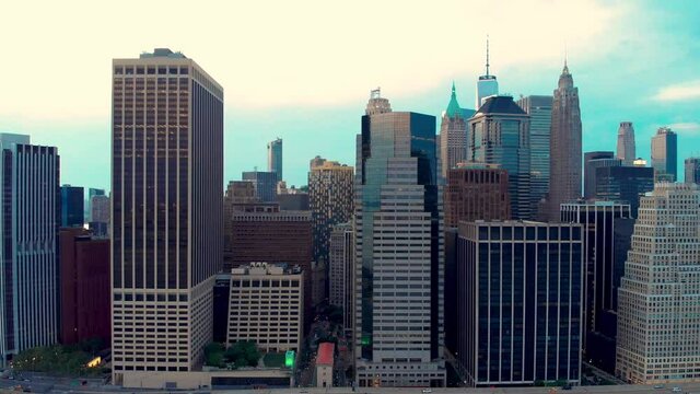 Aerial Trucking Shot Moving To The Left Of The Financial District Of Downtown Manhattan (shot From Brooklyn Heights)