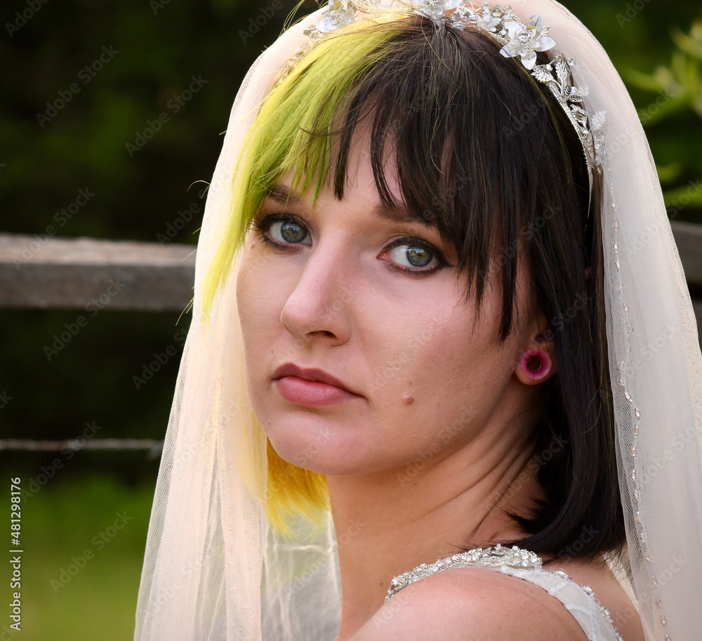 Wall mural Close up of Modern edgy looking bride with two toned neon and black hair, ear gauge, crown, and veil out in a country setting.