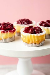 Mini cheesecake with cherry jam. One bite dessert. Tiny cheesecakes with berry. Valentine homemade present. Selective focus.