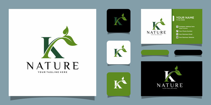 Initial Letter K With Leaf Luxury Logo. Green leaf logo with business card design template