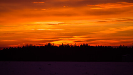 Beautiful winter morning landscape of Northern Europe rural area. Snowy scenery during sunrise.