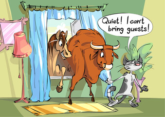 Cartoon illustration a cat invited a horse and a bull to visit