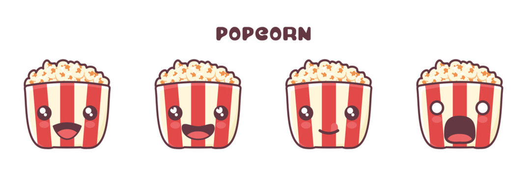 Vector Popcorn Cartoon Mascot, With Different Facial Expressions