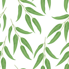 Green leaves seamless pattern. Botanical background with eucalyptus branches. Vector cartoon flat illustration of plant twigs.