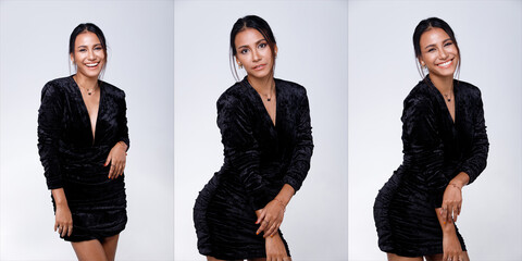 Indian Asian 20s Tanned skin woman wear black sexy dress express feeling happy smile. Fashion Female