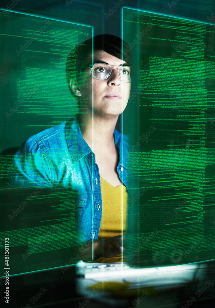 Aufkleber She's becoming part of the matrix. Cropped shot of a young computer programmer looking through data.