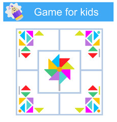Educational logical game for kids. Find the right set of geometric shapes. Preschool worksheet activity.