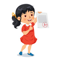 Cheerful girl shows perfect test results, including an A plus grade. Vector illustration