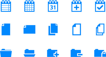 blue file folder icon set. plus-minus lock icon set. sign black design. calendar icon set