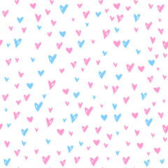 Vector Seamless abstract pattern of small blue pink hearts. Hand drawn doodle background, texture for textile, wrapping paper, Valentines day.