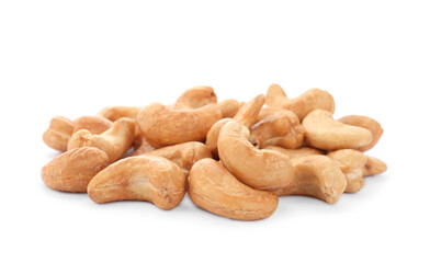 Pile of tasty organic cashew nuts isolated on white