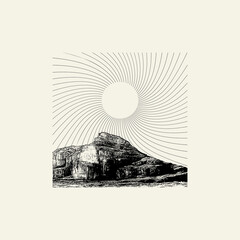 Vector hand drawn illustration of landscape with geometrical elements.  Creative artwork. Template for card, poster, banner, print for t-shirt, pin, badge, patch.