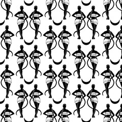 Vector pattern with hand drawn illustration of  skinny black woman in loincloth with pigtail  . Tattoo artwork. Template for card, poster, banner, print for t-shirt, pin, badge, patch.