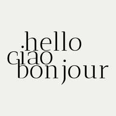 Hello ciao bonjour. Vector placard with the lettering. Template for card, poster, banner, print for t-shirt, pin, badge, patch. © varvarabasheva