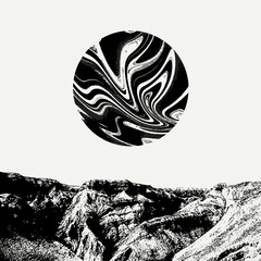 Vector hand drawn illustration of landscape with geometrical elements.  Creative artwork. Template for card, poster, banner, print for t-shirt, pin, badge, patch.