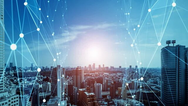 Smart city and communication network concept. 5G. IoT (Internet of Things). Telecommunication.