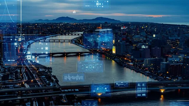 Modern city and communication network concept. IoT (Internet of Things). Smart city. Digital transformation.