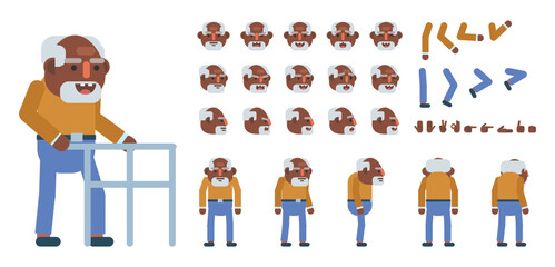 Old black or indian man creation kit. Create your own pose, action, animation. Modern vector illustration