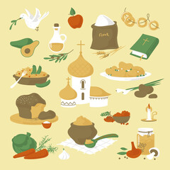 Great post. A set of lenten dishes and church paraphernalia. Religious holiday. Vector image. 