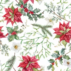 Fotobehang Beautiful vector floral christmas seamless pattern with hand drawn watercolor winter flowers such as red poinsettia holly. Stock 2022 winter illustration. © zenina