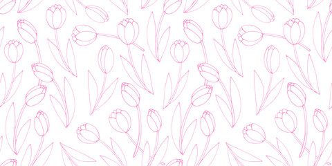 Vector seamless pattern with outline tulip flowers. Hand drawn doodle spring texture, background. For wrapping paper, textile, mother's or women's or Valentine's Day