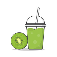 Kiwi Fruit Juice Or Milkshake In Takeaway Plastic Cup Vector Icon Illustration. Cold Drinks In Plastic Cups With Ice Flat Icon