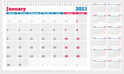 Calendar 2023 planner template. Week Starts on Monday. Set of 12 Months. Vector Illustration