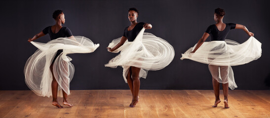 Feel the flow. Montage of a young female contemporary dancer using a soft white white skirt for dramatic effect.