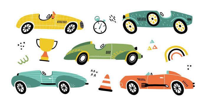 Set of cartoon racing cars with abstract shapes in hand drawn style. Perfect for t-shirt, apparel, cards, poster, nursery decoration. Isolated on beige background vector illustration