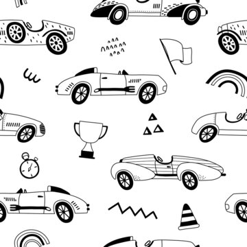 Seamless pattern with retro racing cars in hand drawn style. Outline hand drawing. Great for textiles, stickers, cards, wallpaper, wrapping paper. Isolated on white background vector illustration