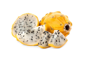Delicious cut and whole yellow pitahaya fruits on white background