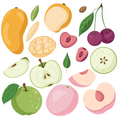 Fototapeta na wymiar A set of fruits drawn in a flat style, slices and halves of fruit, leaves and bones. A set of stickers in pastel colours. Vector illustration