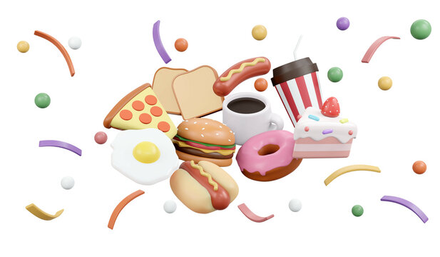3D Rendering of food and drink icons isolated on white background concept of American fast food eat and drink. 3D render illustration cartoon style.