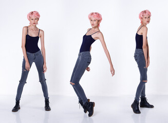 Fototapeta premium Collage Group Full length Figure snap of 30s Asian Woman black hair vast short pant and shoes