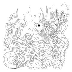 Coloring book page for adult , Under water. Fish and underwater plants, Aquariums.