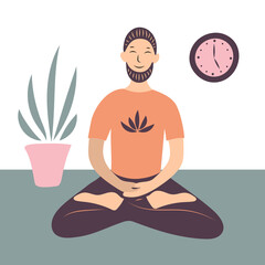 A man meditates at home. Sits in the lotus position and concentrates. Yoga. Vector illustration.