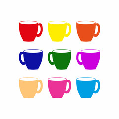 Set of cups of different colors on white background. Nine mugs of different colors. vector eps10