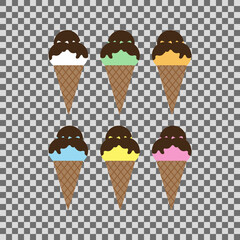 Ice cream cone. Collection of ice cream of different flavors in chocolate icing on transparent background. Vector illustration