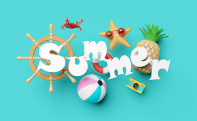 Fototapeta premium 3d summer travel concept with helm, stern wheel, ball, starfish, pineapple, crab, camera, lifebuoy, sunglasses isolated on blue. abstract background, 3d render illustration
