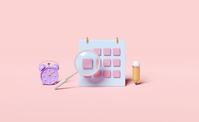 blue calendar with purple alarm clock wake-up time morning,  magnifying glass, pencil isolated on pink background. Find an appointment date concept, 3d illustration or 3d render