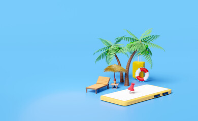 Obraz premium 3d mobile phone, smartphone beach chair with pin, palm tree, umbrella, lifebuoy, suitcase, ice cream isolated on blue background. summer travel concept, 3d render illustration