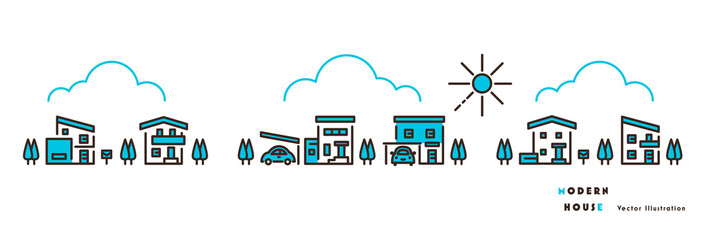 モダンな住宅のイラストセット 水色のツートーン