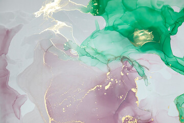 Alcohol ink air texture. Pink, green and gold abstract background.