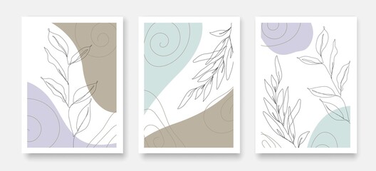 Botanical Poster Set with Line Art Leaves and Organic Shapes. Abstract Botanical Design for Floral Wedding Card, Invitation, Menu Template, Poster, Print. Vector EPS 10