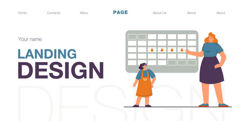 Period calendar vector illustration. Adult female character explaining to teenage girl about menstruation, pointing on calendar. Woman health concept for banner, application design or landing web page