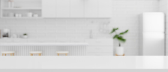 Elegance white and bright kitchen room interior background with kitchen island. - obrazy, fototapety, plakaty