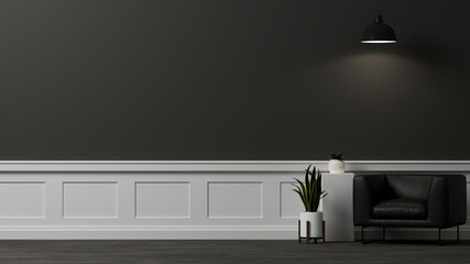 Modern luxury dark living room interior design with black leather armchair