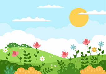 Spring Time Landscape Background with Flowers Season, Rainbow and Plant for Promotions, Magazines, Advertising or Websites. Nature Vector illustration