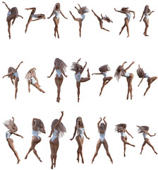 pack of beautiful ballerinas on a white background, 3D illustration, ballerina in a fairy tank top trains ballet, set of illustrations of a woman in a ballerina pose